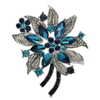Jeweled Flower Spray with Textured Leaves Brooch — Blue