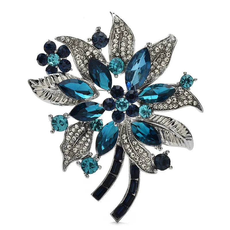 Jeweled Flower Spray with Textured Leaves Brooch — Blue