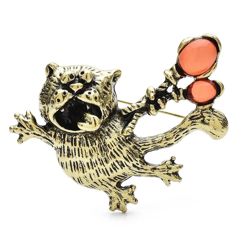 Vintage-Style Flying Cat with Balloons Brooch — Gold