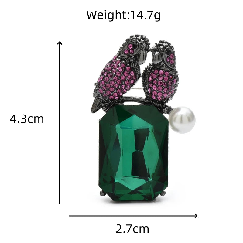 Jeweled Bird Pair on Faceted Drop Brooch dimensions and weight