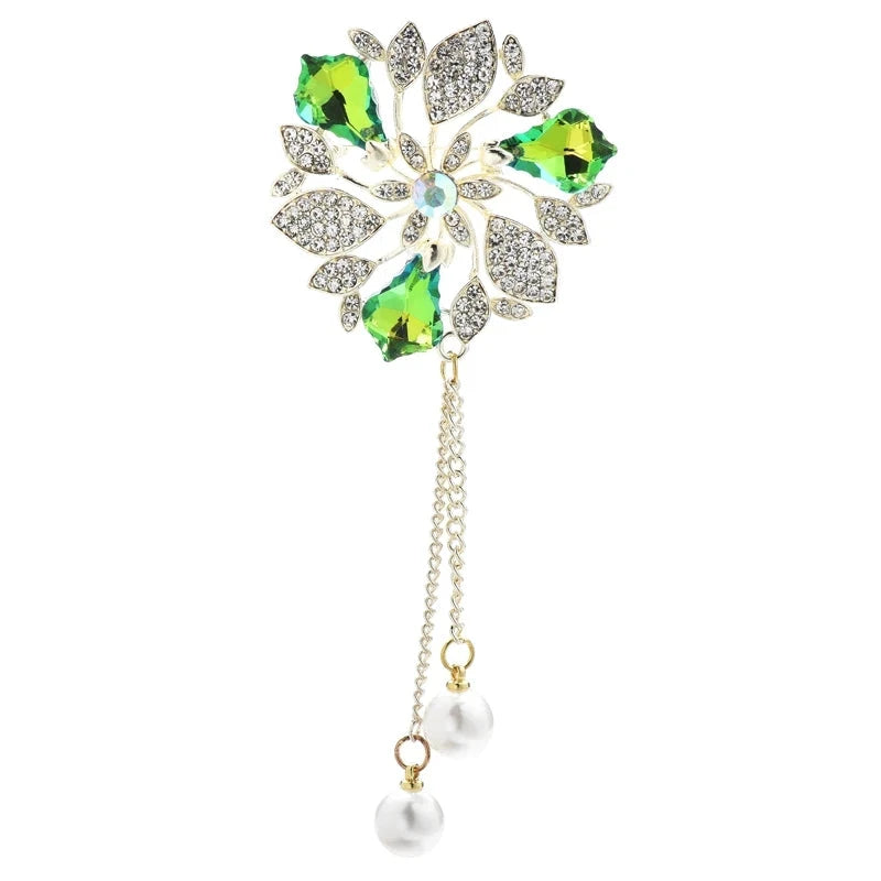 Faceted Flower with Pearl-Look Chain Tassels Brooch — Green