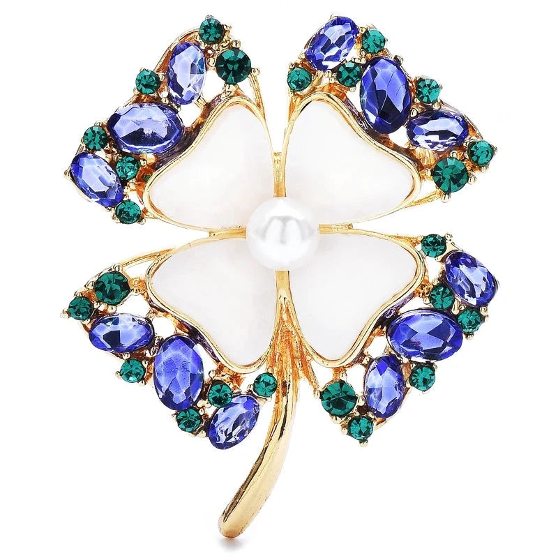 White Clover Leaf with Jeweled Border Brooch — Gold