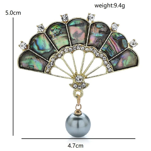 Abalone-Look Fan with Pearl-Look Drop Brooch — dimensions