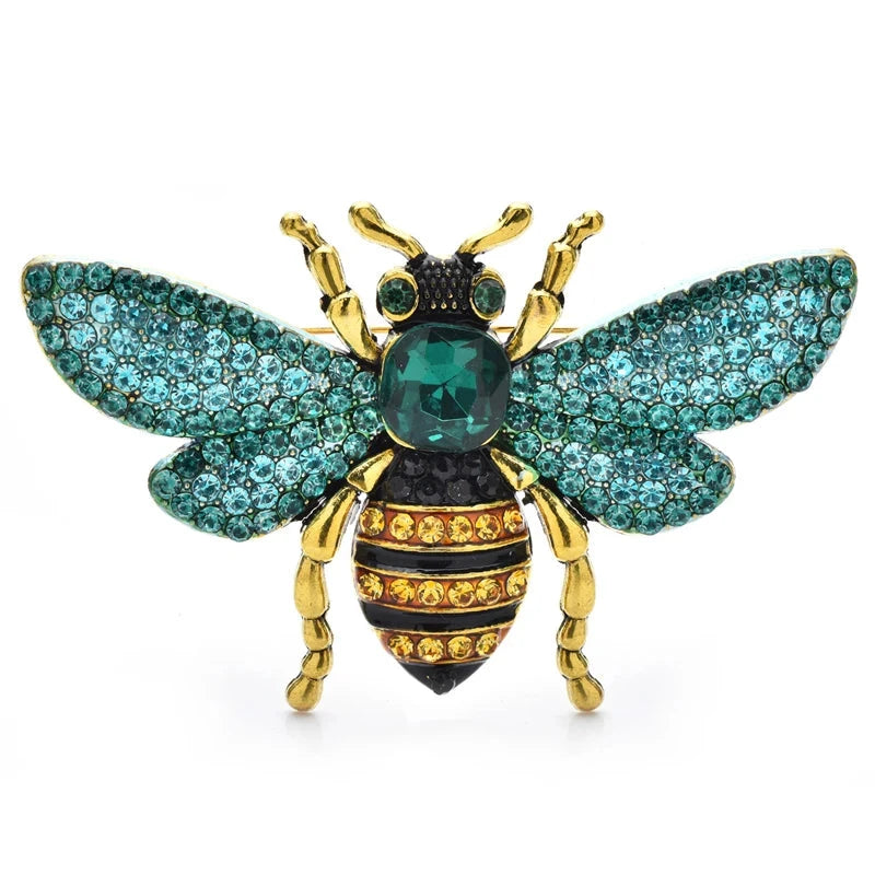 Rhinestone Bee with Spread Wings Brooch — Turquoise & Yellow