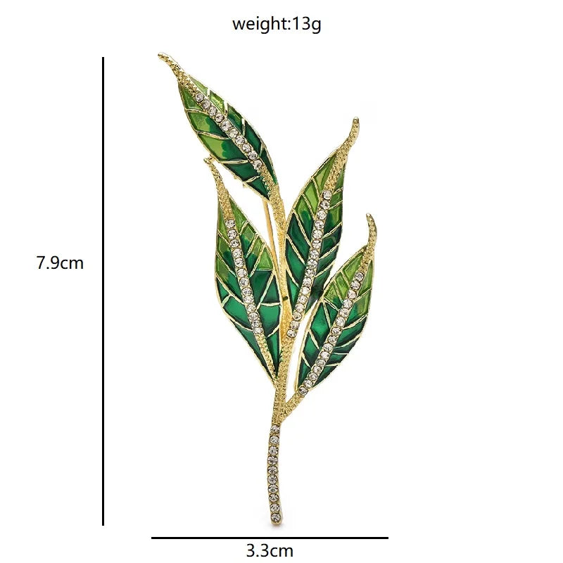 Green Enamel Leaf Sprig with Rhinestone Stem Brooch dimensions and weight