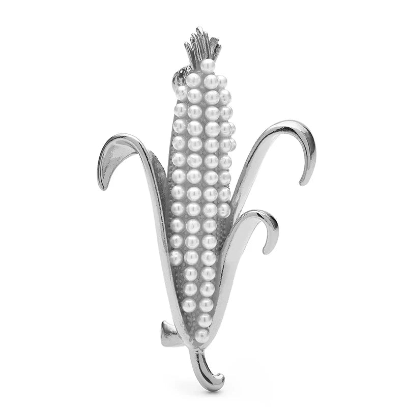 Pearl-Look Corn Cob Brooch — Silver