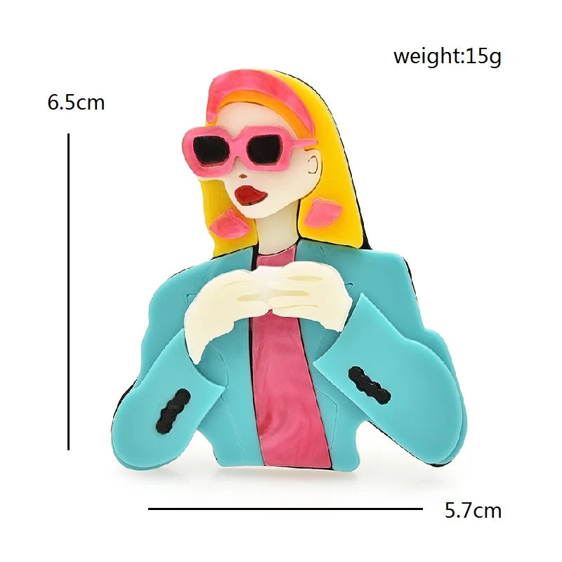 Fashion Lady in Sunglasses and Jacket Acrylic Brooch — dimensions