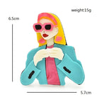 Fashion Lady in Sunglasses and Jacket Acrylic Brooch — dimensions