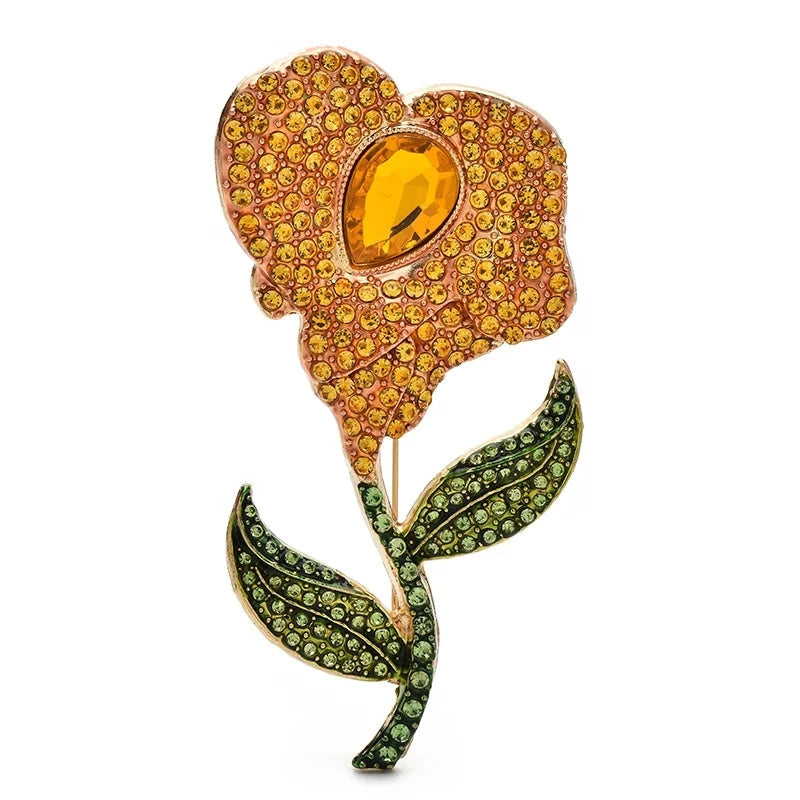 Large Rhinestone Flower on Leafy Stem Brooch — Yellow