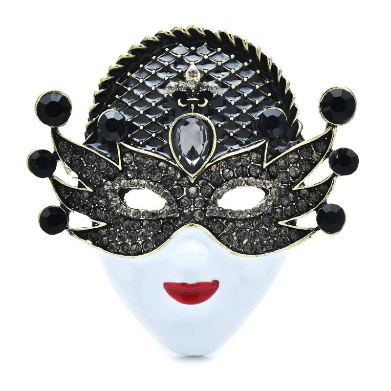 Jeweled Masquerade Face with Enamel Lips Brooch — Black