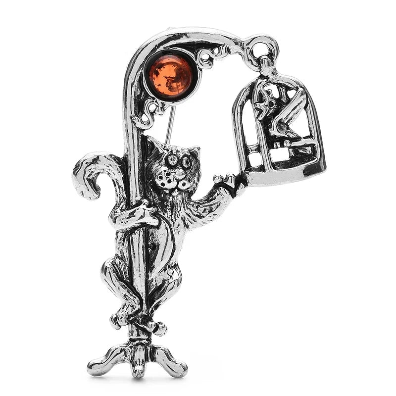 Vintage-Style Cat Reaching for a Birdcage Brooch — Silver