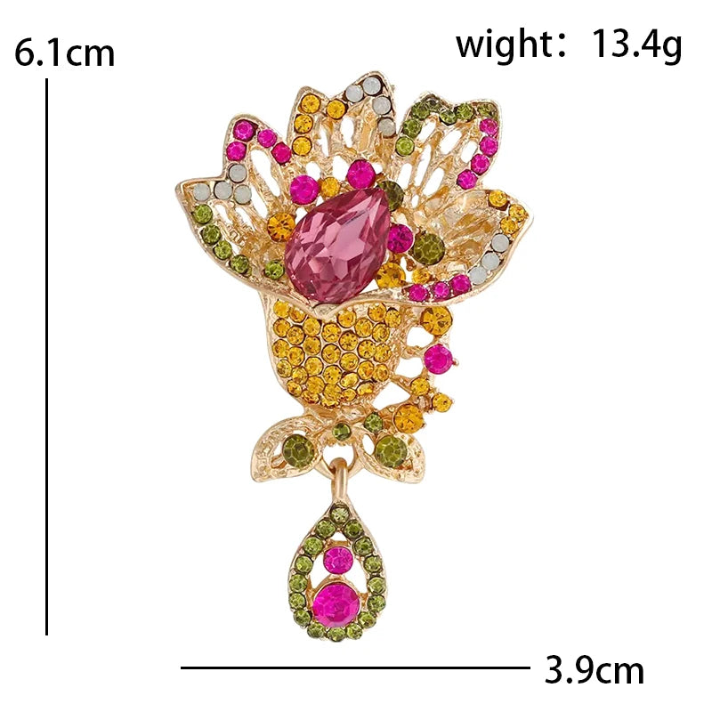 Pink Rhinestone Flower with Teardrop Pendant Brooch — dimensions