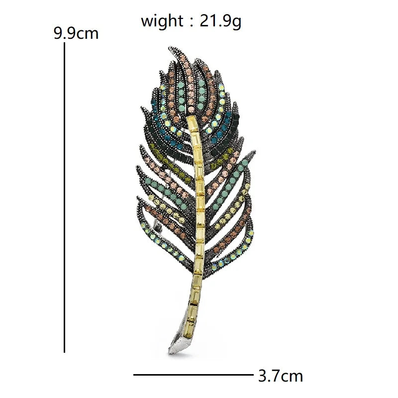 Vintage-Style Jeweled Feather Brooch — dimensions
