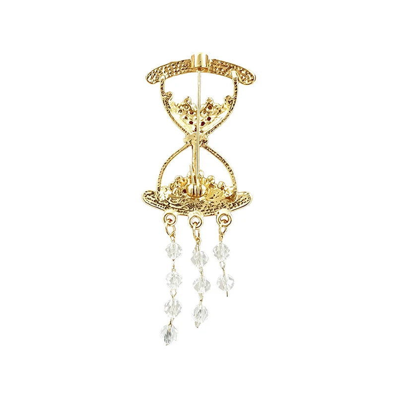 Rhinestone Hourglass with Chain Tassels Brooch