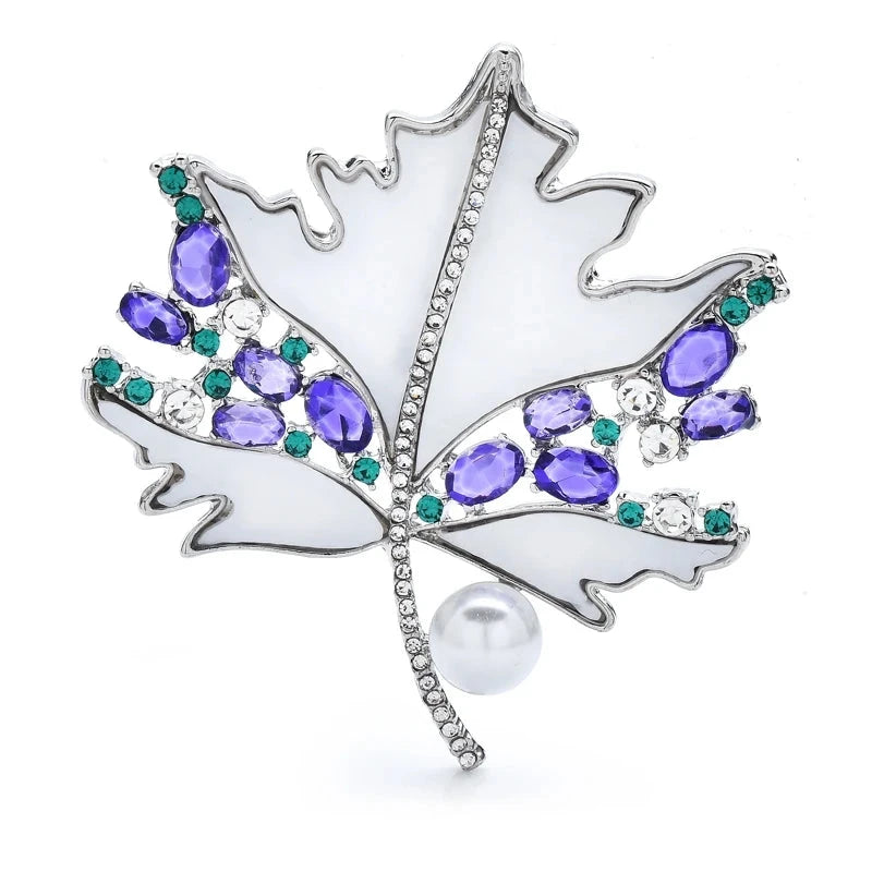White Maple Leaf with Purple Stones Brooch — Silver