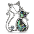 Rhinestone Cat Pair with Abalone-Look Insets Brooch — Silver & Iridescent
