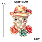 Floral Skull with Fedora Hat Brooch