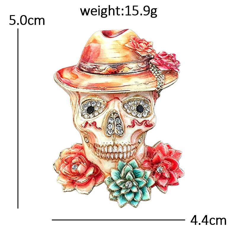Floral Skull with Fedora Hat Brooch