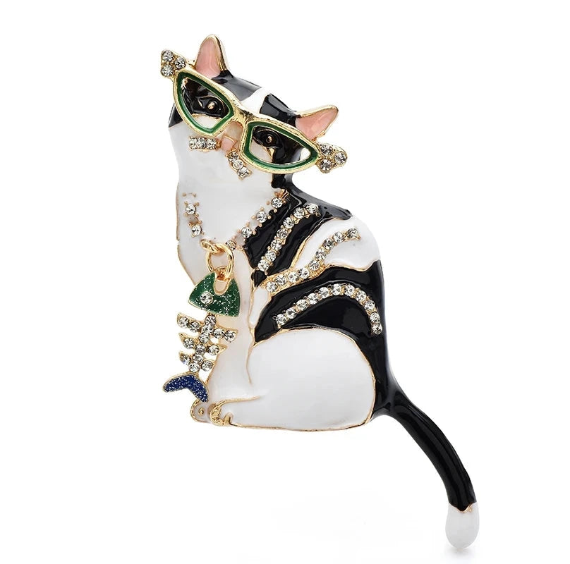 Enamel Cat with Sunglasses and Fishbone Necklace Brooch original variant product photo
