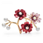 Enamel Plum Blossom Branch with Pearl-Look Buds Brooch — Red