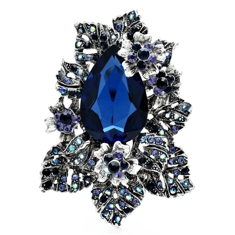 Vintage-Style Floral Cluster with Teardrop Center Brooch — Blue