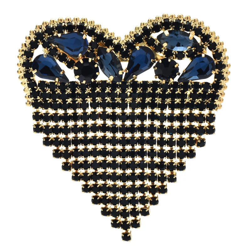 Jeweled Heart with Beaded Fringe Brooch — Blue