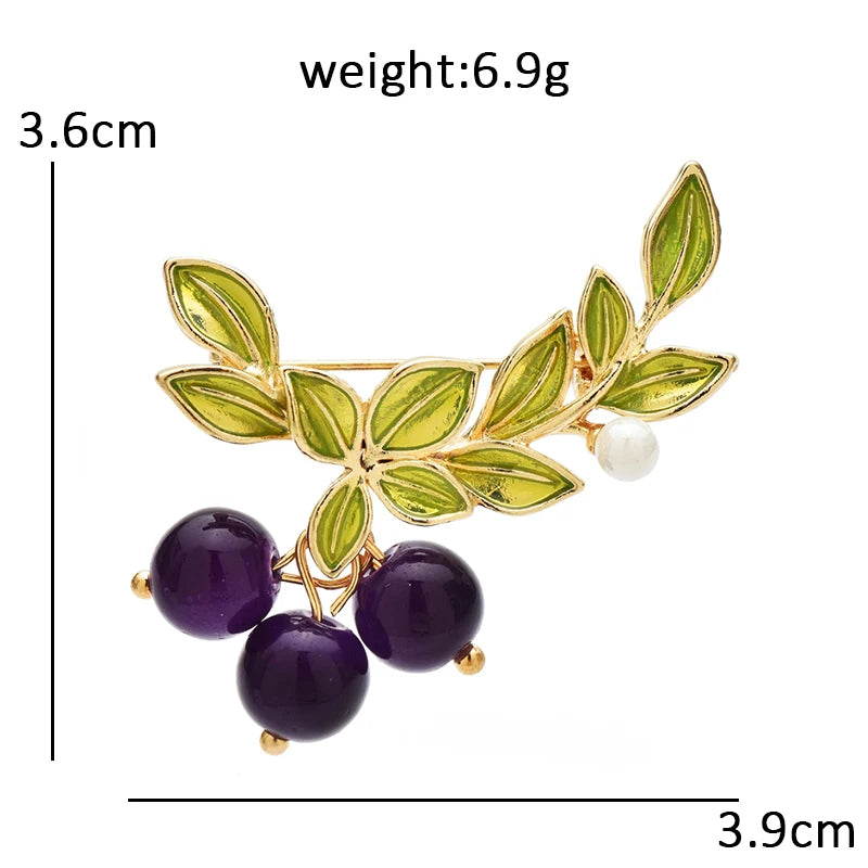 Blueberry Trio on a Leafy Branch Brooch