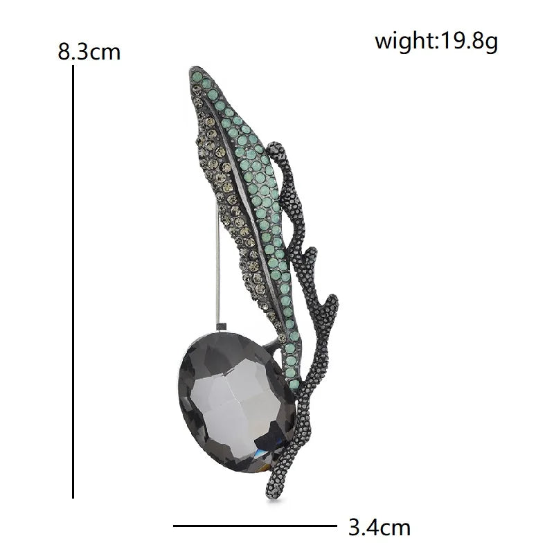 Jeweled Feather with Faceted Drop Brooch — dimensions