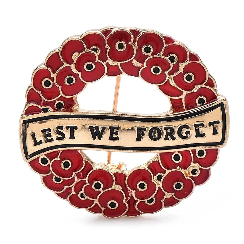 Lest We Forget Red Poppy Wreath Brooch — Red