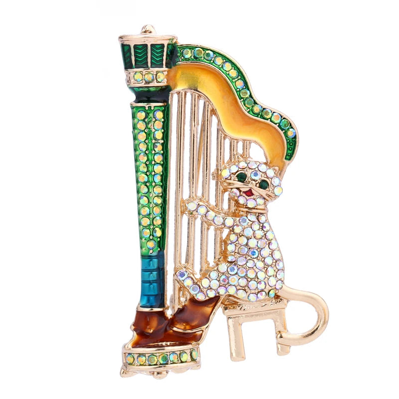 Jeweled Cat Playing a Harp Brooch