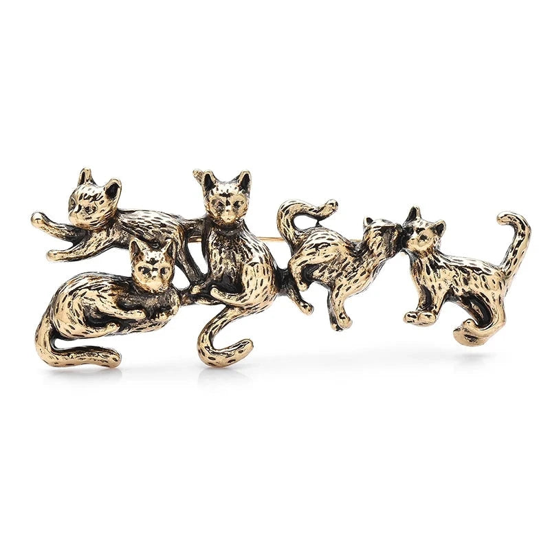 Five Playful Cats with Textured Fur Brooch — Antique Gold