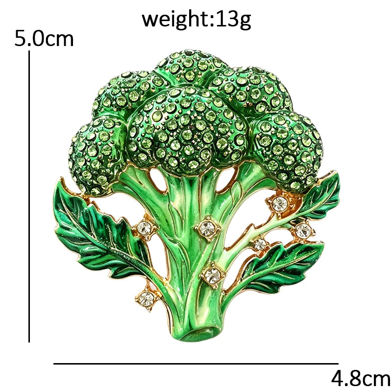 Rhinestone Broccoli with Leaves Brooch