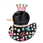 Crowned Enamel Duck with Rhinestones Brooch — Black