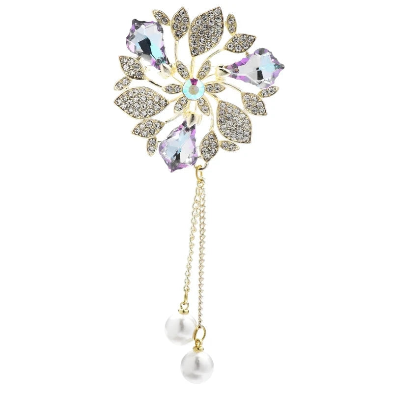 Faceted Flower with Pearl-Look Chain Tassels Brooch — Purple