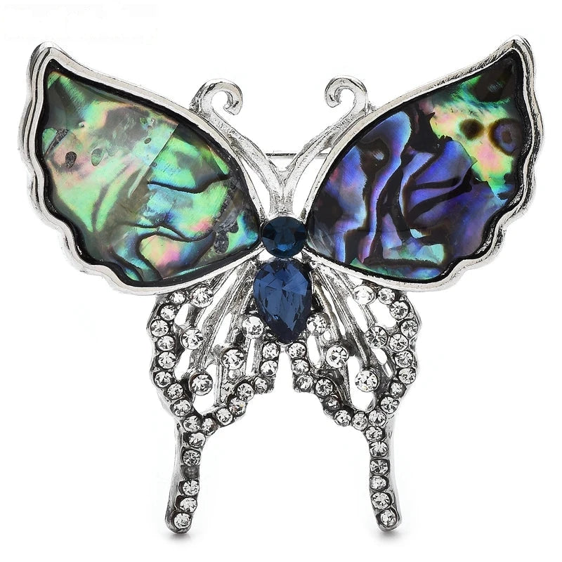 Abalone-Look Butterfly with Rhinestone Drops Brooch — Blue & Silver