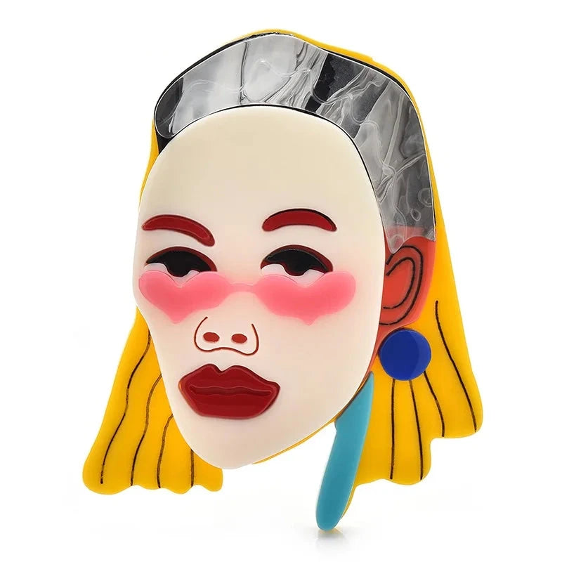 Acrylic Woman with Bold Makeup Brooch — Yellow Hair