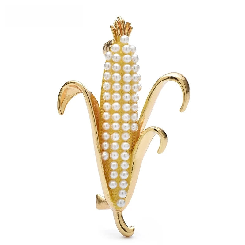 Pearl-Look Corn Cob Brooch — Gold