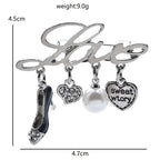 Love Script with High-Heel and Heart Charms Brooch — dimensions