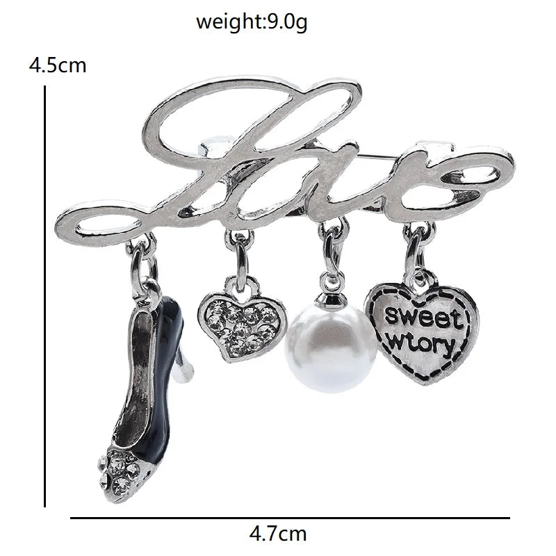 Love Script with High-Heel and Heart Charms Brooch — dimensions