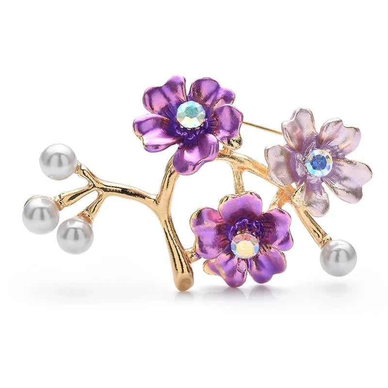 Enamel Plum Blossom Branch with Pearl-Look Buds Brooch — Purple