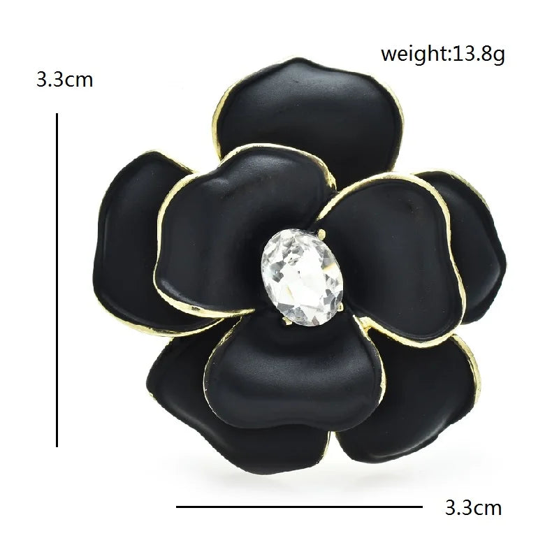 Classic Enamel Camellia with Rhinestone Center Brooch — dimensions