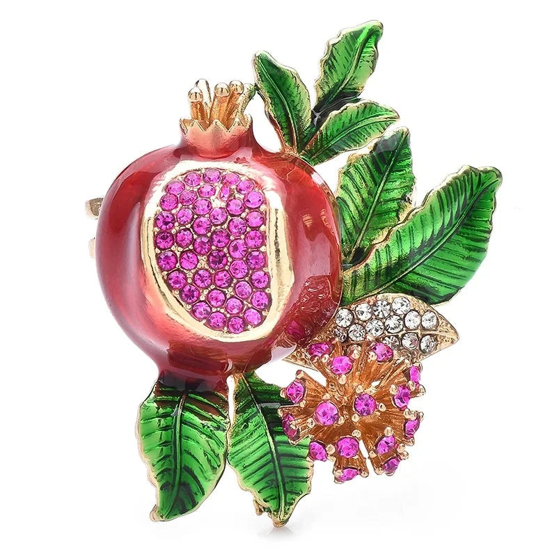 Pink Pomegranate with Flower and Leaves Brooch — Pink & Green