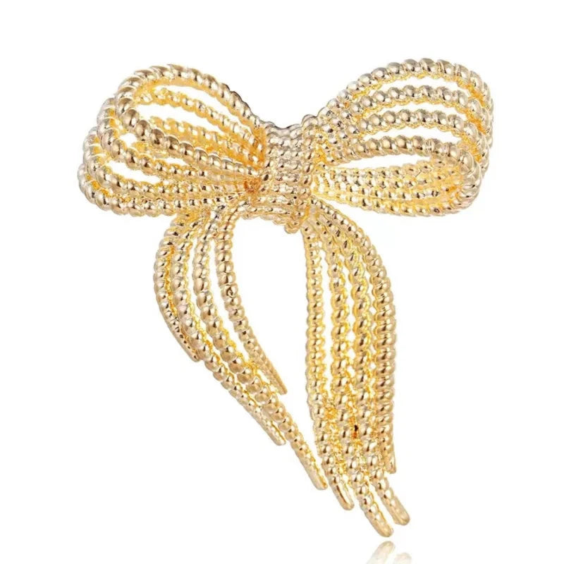 Beaded Ribbon Bow Brooch — Gold