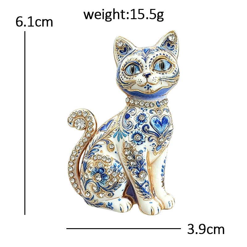 Painted Floral Cat with Rhinestones Brooch