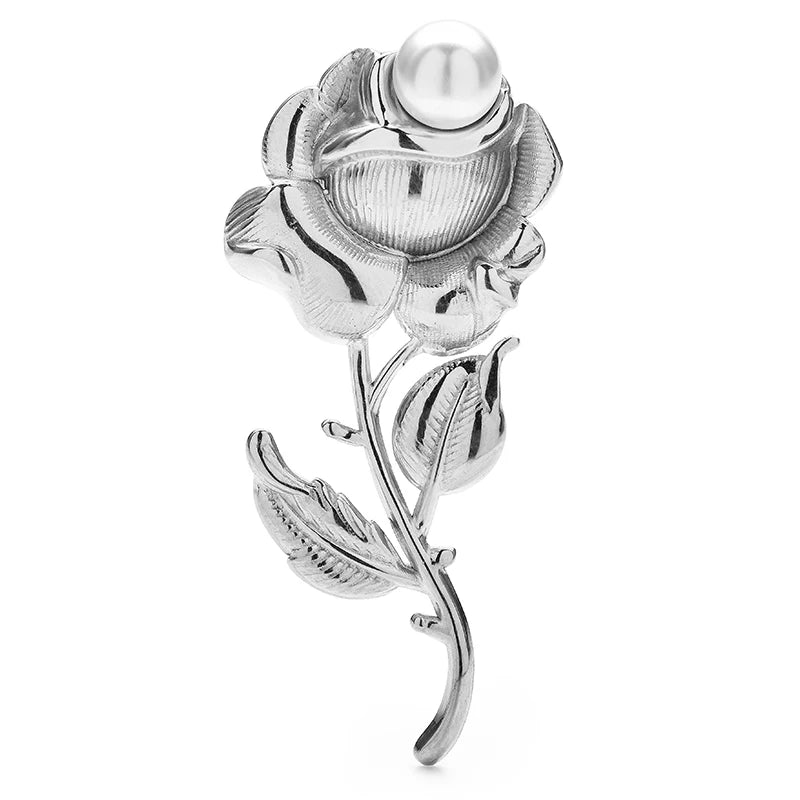 Metal Rose with Pearl-Look Center Brooch — Silver