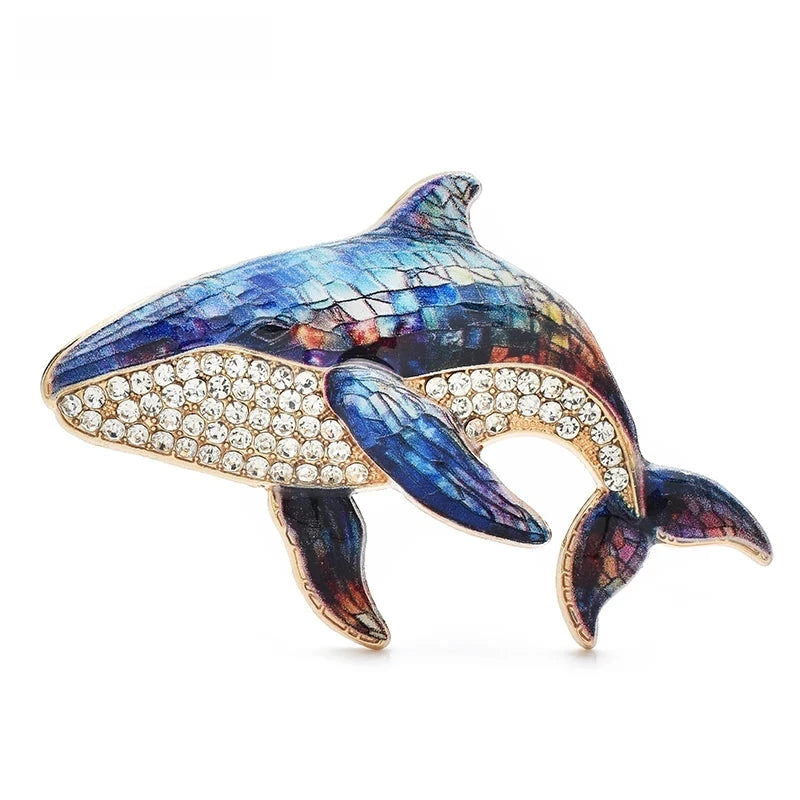 Rhinestone Orca Whale Brooch — Dark Blue