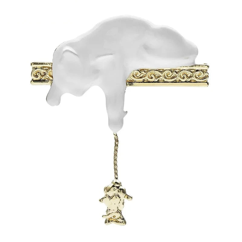 Enamel Cat with Dangling Mouse Brooch — White
