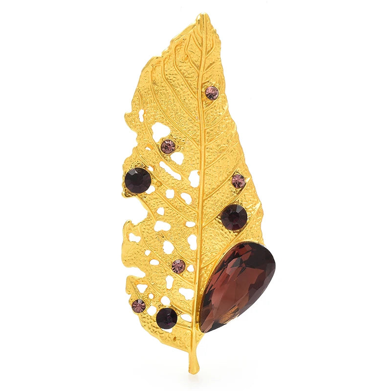 Openwork Jeweled Feather Leaf Brooch