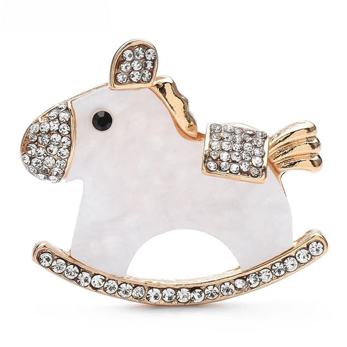 Acrylic Rocking Horse with Rhinestone Trim Brooch — Gold