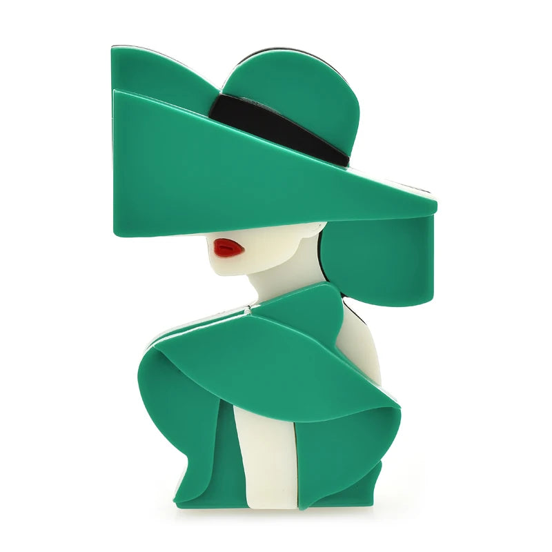 Wide-Brim Hat Lady Acrylic Brooch